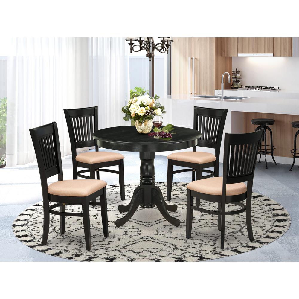 East West Furniture 5-Pc Dinette Room Set- 4 Wooden Chair and Modern dining room table - Linen Fabric Seat and Slatted Chair Back (Black Finish)