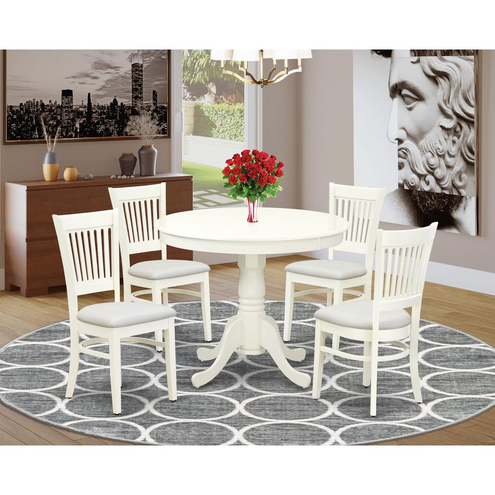 East West Furniture 5-Piece Dining Table Set- 4 dining room chairs and Wooden Dining Table - Linen Fabric Seat and Slatted Chair Back (Linen White Finish)