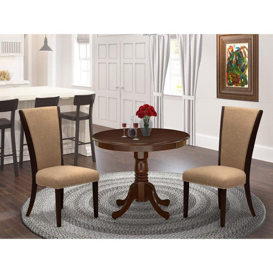 East West Furniture 3 Pc Kitchen Dining Set - 2 Light Sable Linen Fabric Parson Dining Chairs with High Back and 1 Modern Kitchen Table - Mahogany Finish