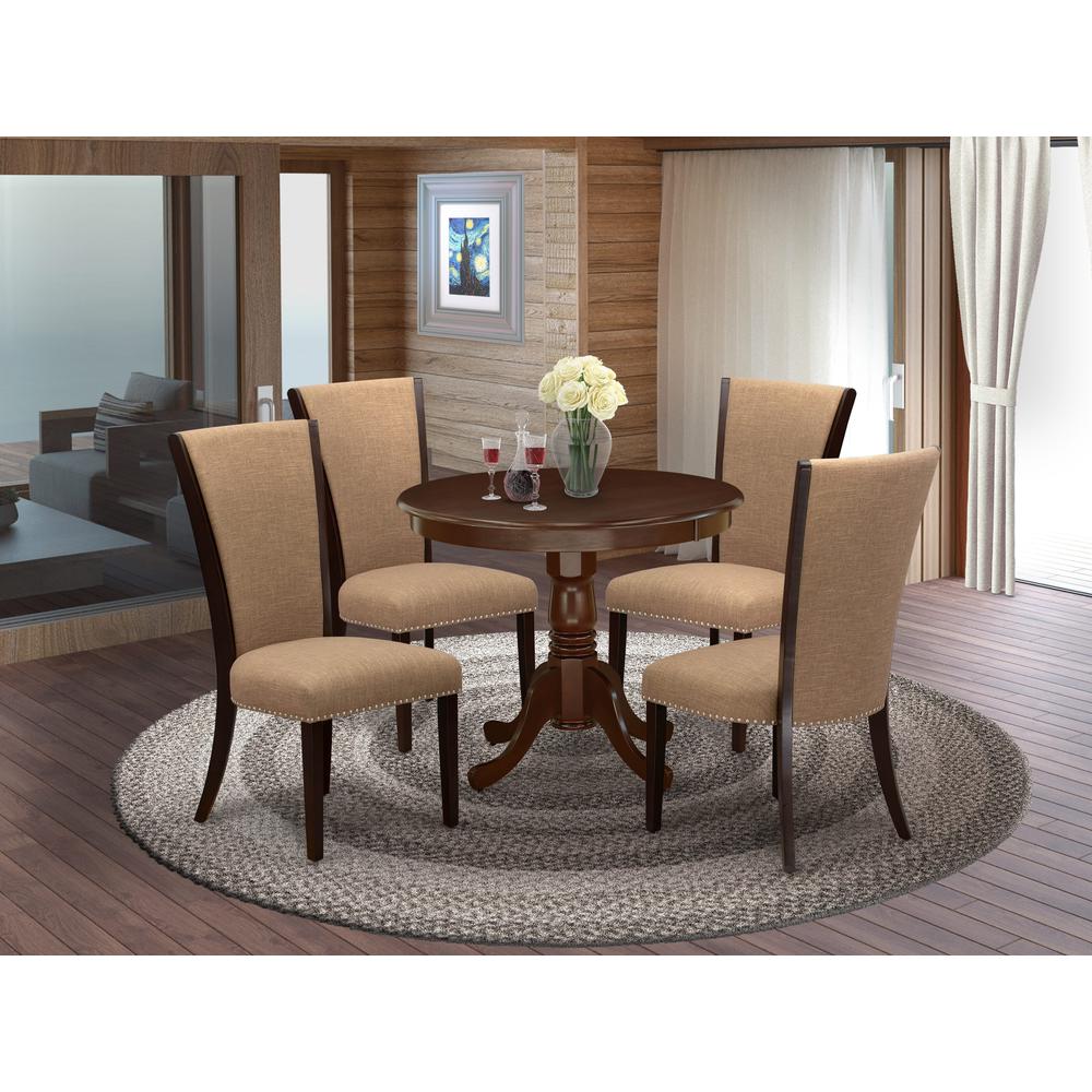 East West Furniture 5 Piece Dining Table Set - 4 Light Sable Linen Fabric Kitchen Chairs with High Back and 1 Dining Room Table - Mahogany Finish