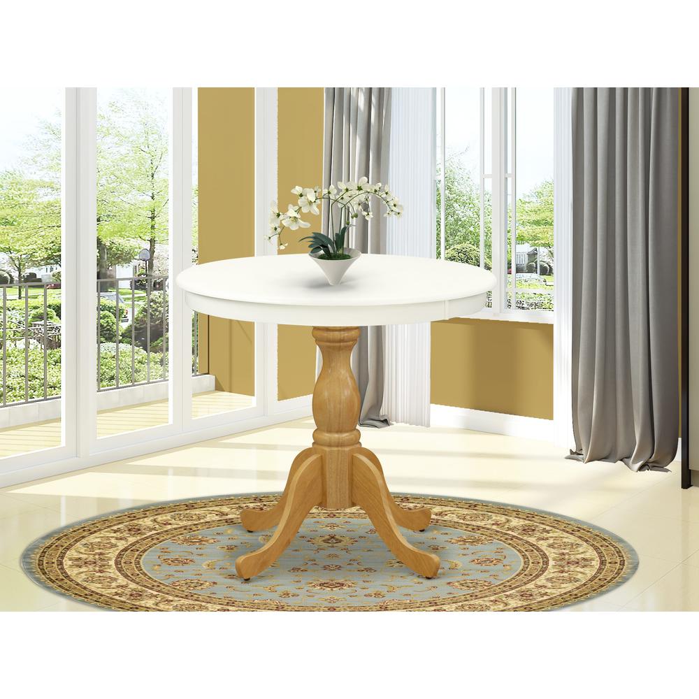 East West Furniture Wood Dining Table - Linen White Table Top and Oak Pedestal Leg Finish