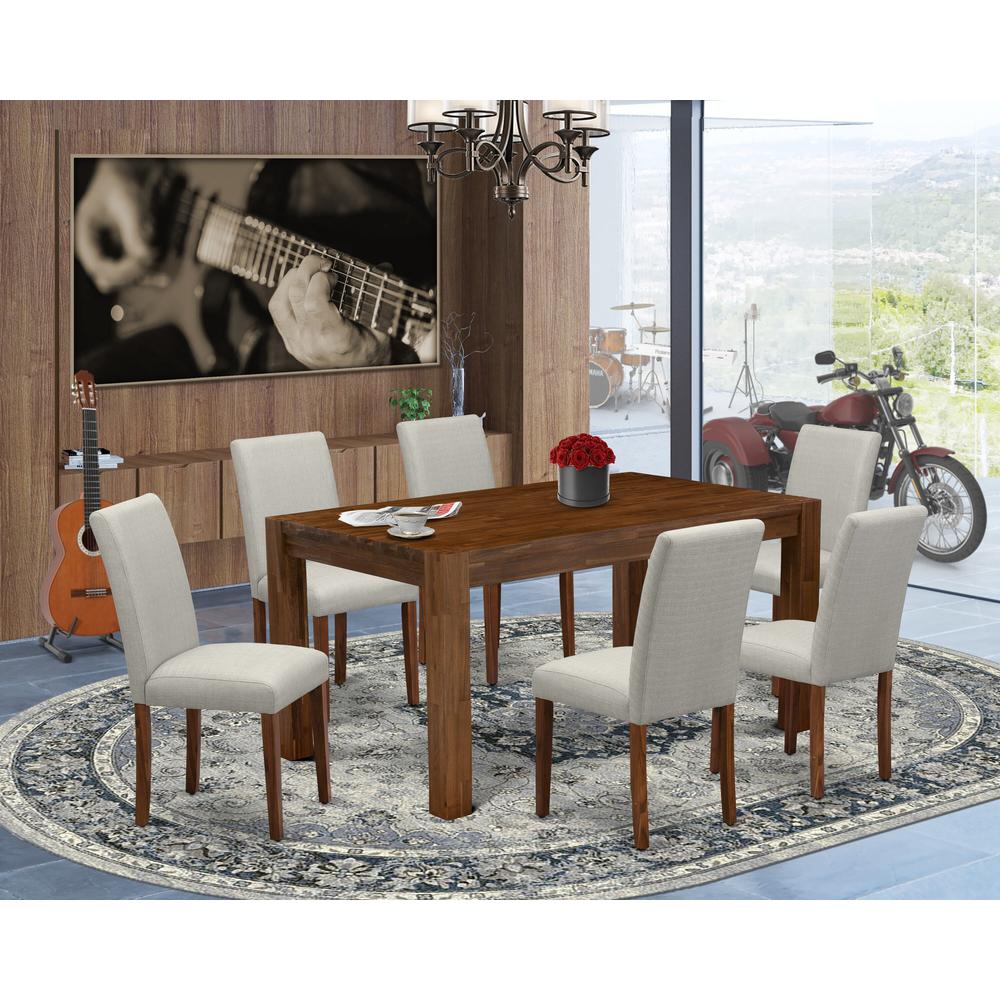 CNAB7-N8-05 - 7-Pc Modern Dining Set- 6 Parson Dining Chairs and Modern Kitchen Table - Grey Linen Fabric Seat and High Chair Back (Antique Walnut Finish)