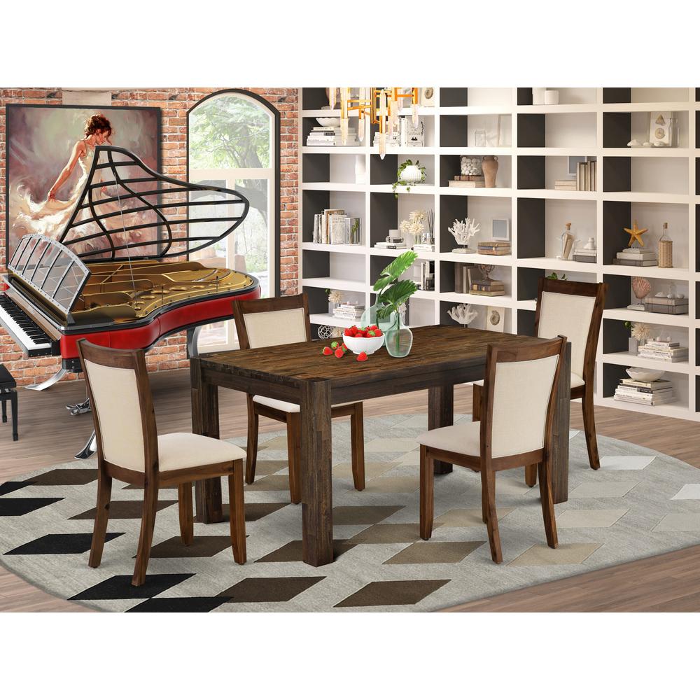 East West Furniture 5-Piece Dinner Table Set - A Mid Century Dining Table and 4 Light Beige Linen Fabric Padded Wood Dining Chairs with Stylish High Back – (Distressed Jacobean Finish)