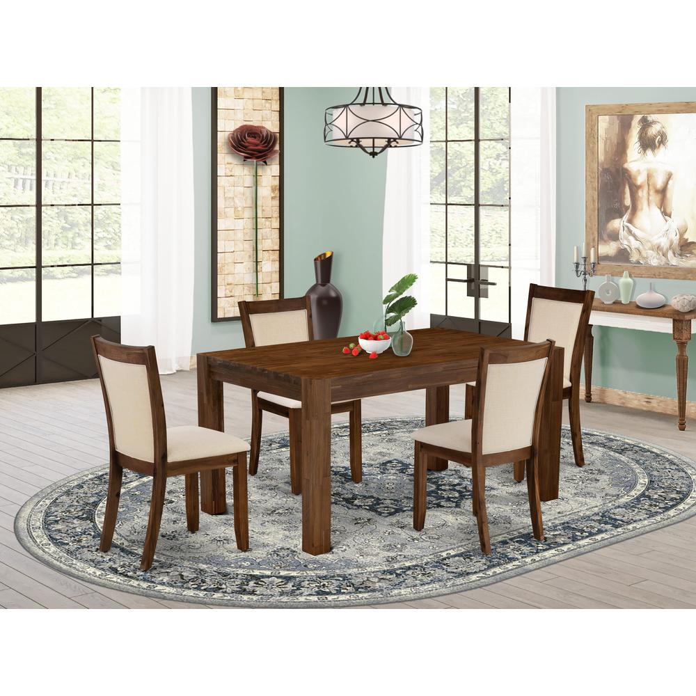 East West Furniture 5-Piece Dinner Table Set Include A Wood Table and 4 Light Beige Linen Fabric Upholstered Chairs with Stylish High Back (Sand Blasting Antique Walnut Finish)