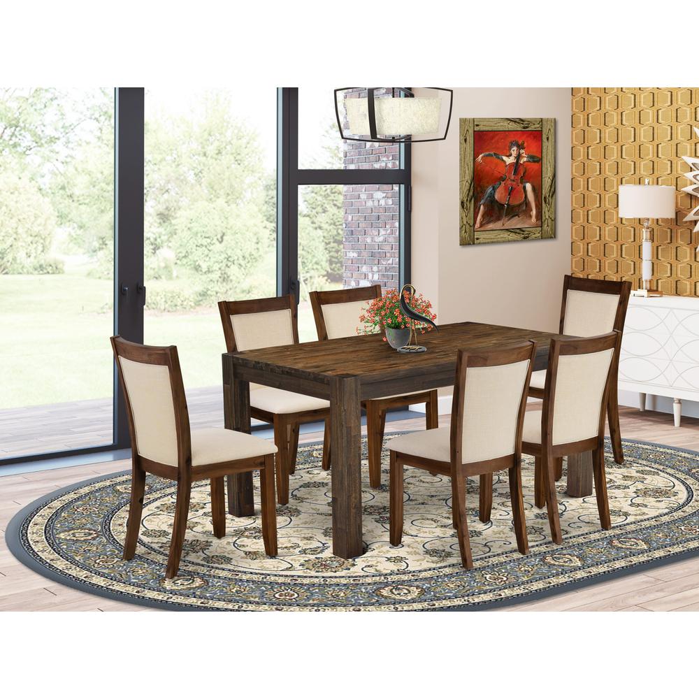 East West Furniture 7-Piece Dining Table Set - A Wood Dining Table and 6 Gorgeous Light Beige Linen Fabric Padded Dining Chair with Stylish High Back – (Distressed Jacobean Finish)