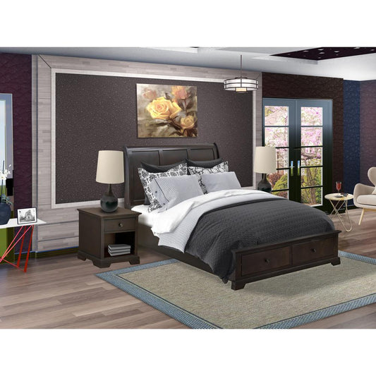 East West Furniture Cordova 3-Piece Queen Bedroom Set Contains a Wooden Platform Bed and 2 Midcentury Modern Nightstand with a Drawer - Wire Brushed Walnut Finish