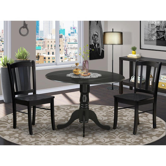 DLDL3-BLK-W - 3-Pc Dining Table Set - 2 Wood Kitchen Chairs and 1 Drops Leaf Kitchen Table - Black Finish