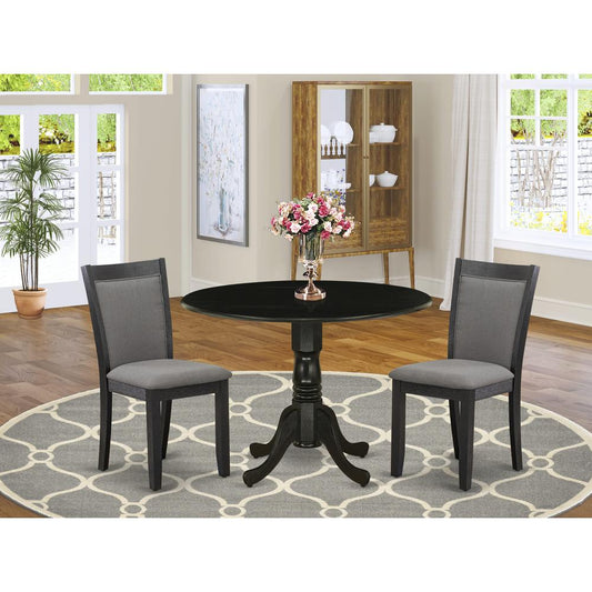 East West Furniture 3-Piece Dining Set Includes a Dining Table with Drop Leaves and 2 Dark Gotham Grey Linen Fabric Dining Chairs - Wire Brushed Black Finish