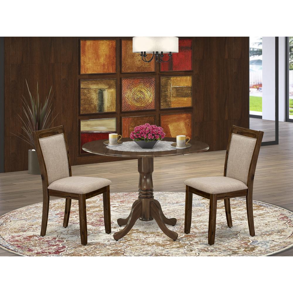 East West Furniture 3-Piece Dining Room Set Consists of a Pedestal Table with Drop Leaves and 2 Light Tan Linen Fabric Dining Chairs - Sand Blasting Antique Walnut Finish