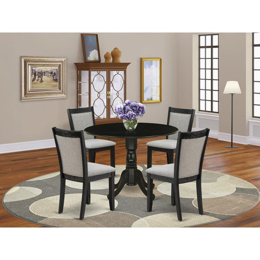 East West Furniture 5-Pc Dinette Set Contains a Pedestal Table with Drop Leaves and 4 Shitake Linen Fabric Parson Dining Chairs - Wire Brushed Black Finish