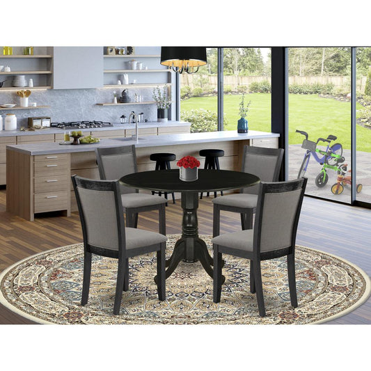 East West Furniture 5-Piece Modern Dining Table Set Consists of a Dining Table with Drop Leaves and 4 Dark Gotham Grey Linen Fabric Dining Chairs - Wire Brushed Black Finish