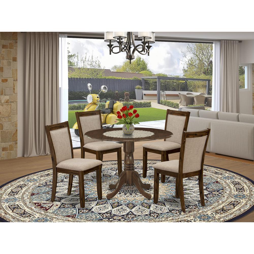 East West Furniture 5-Pc Dining Room Table Set Consists of a Wood Table with Drop Leaves and 4 Light Tan Linen Fabric Kitchen Chairs - Sand Blasting Antique Walnut Finish