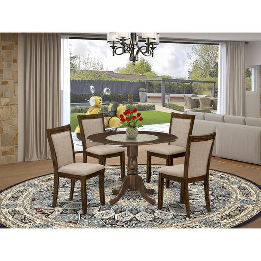 East West Furniture 5-Pc Dining Room Table Set Consists of a Wood Table with Drop Leaves and 4 Light Tan Linen Fabric Kitchen Chairs - Sand Blasting Antique Walnut Finish