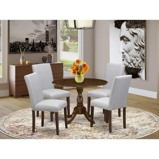 East West Furniture 5 Piece Kitchen Table Set Contains 1 Drop Leaves Wooden Table and 4 Grey Linen Fabric Parson Dining Chairs with High Back - Acacia Walnut Finish