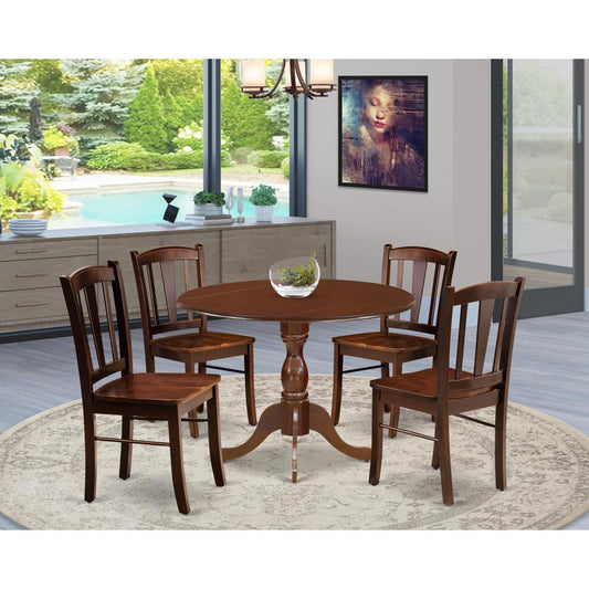 DMDL5-MAH-W - 5-Pc Kitchen Dining Room Set- 4 Dining Chairs with Wooden Seat and Slatted Chair Back - Dropleafs Dining Room Table - Mahogany Finish