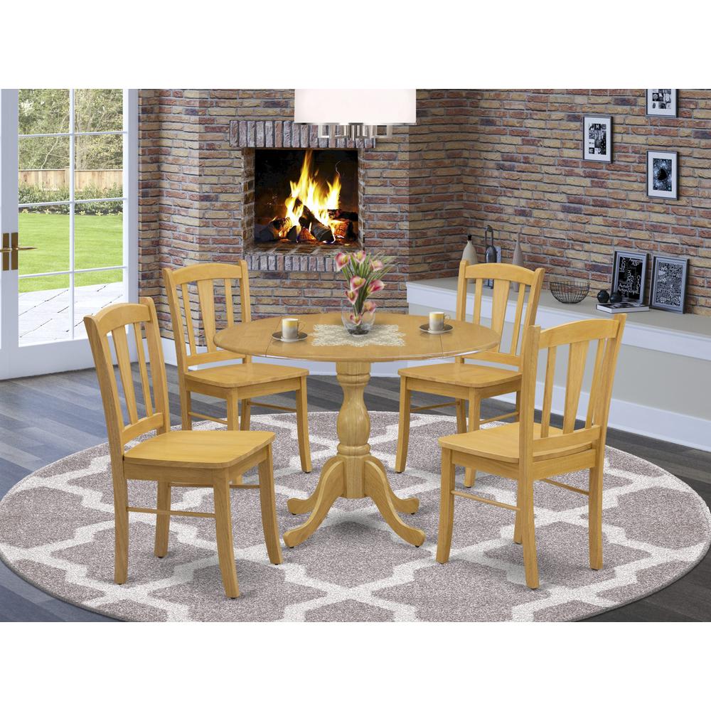 East West Furniture 5-Piece Dining Room Table Set- 4 Dining Chair with Wooden Seat and Slatted Chair Back - Dropleafs Dining Table - Oak Finish