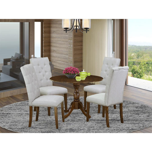 East West Furniture 5 Piece Dining Room Set Contains 1 Drop Leaves Dining Table and 4 Grey Linen Fabric Kitchen Chairs Button Tufted Back white Nail Heads - Acacia Walnut Finish