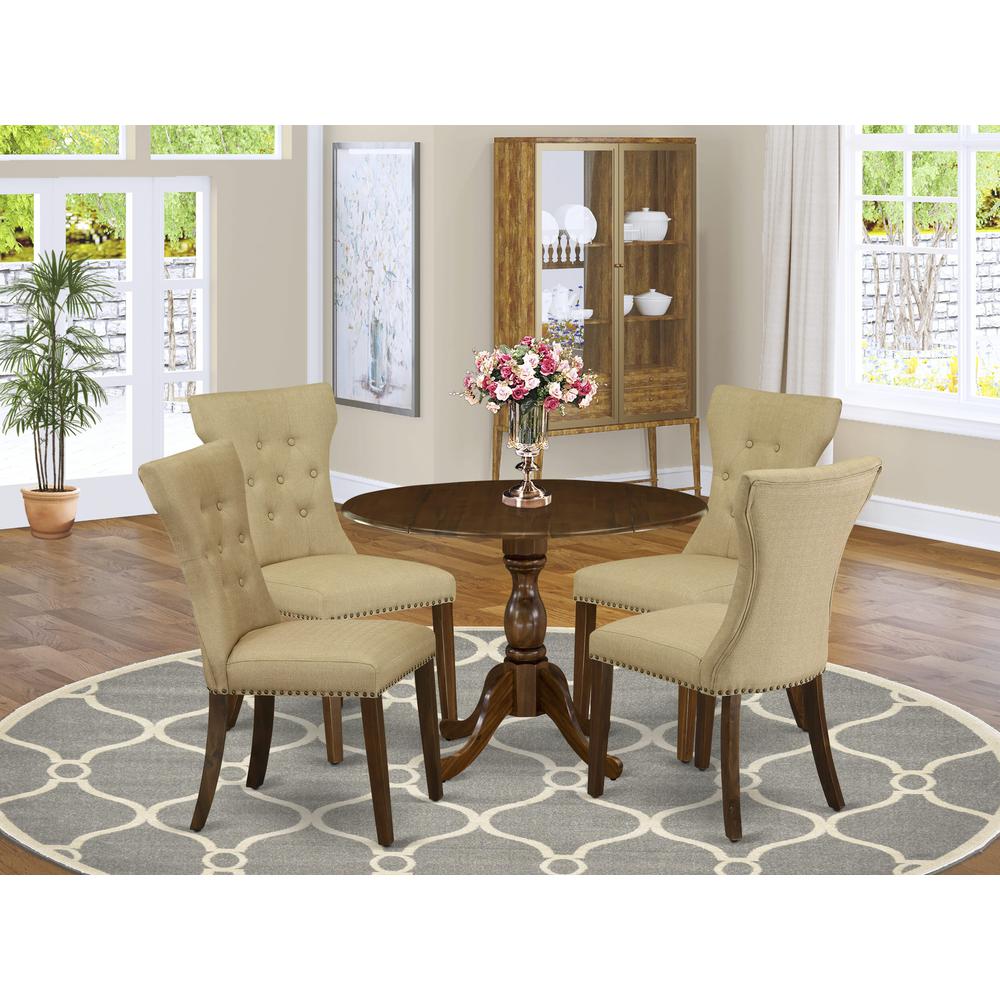 East West Furniture 5 Piece Wood Dining Table Set Contains 1 Drop Leaves Dining Table and 4 Brown Linen Fabric Kitchen Chair Button Tufted Back with Nail Heads - Acacia Walnut Finish