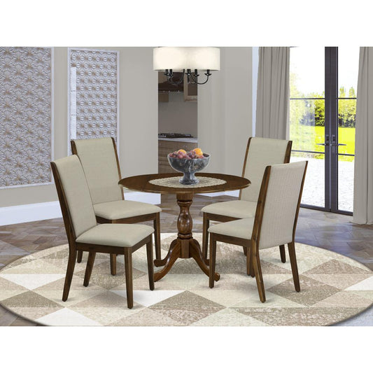 East West Furniture 5 Piece Modern Dining Table Set Includes 1 Drop Leaves Dining Table and 4 Grey Linen Fabric Parsons Chair with High Back - Acacia Walnut Finish