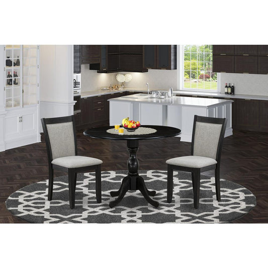 East West Furniture 3-Piece Dining Room Set Includes a Modern Dining Room Table with Drop Leaves and 2 Shitake Linen Fabric Parson Chairs - Wire Brushed Black Finish