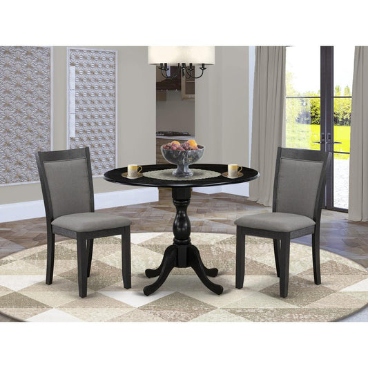 East West Furniture 3-Pc Dinette Set Includes a Wood Dining Table with Drop Leaves and 2 Dark Gotham Grey Linen Fabric Kitchen Chairs - Wire Brushed Black Finish