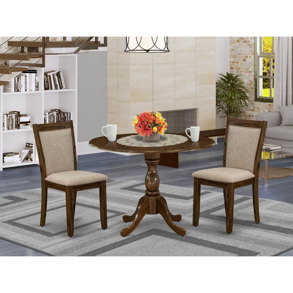 East West Furniture 3-Piece Dining Room Set Includes a Wood Table with Drop Leaves and 2 Light Tan Linen Fabric Upholstered Chairs - Sand Blasting Antique Walnut Finish