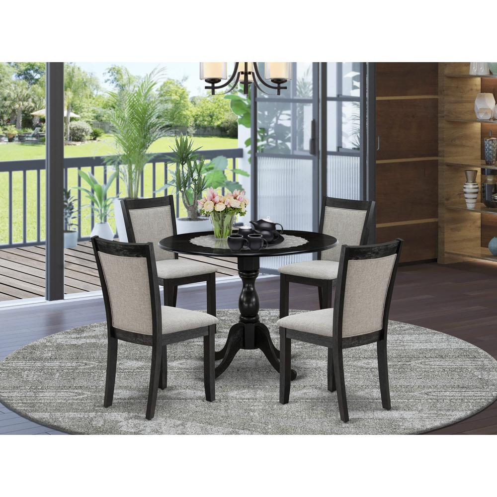 East West Furniture 5-Piece Modern Dining Set Consists of a Pedestal Table with Drop Leaves and 4 Shitake Linen Fabric Kitchen Chairs - Wire Brushed Black Finish