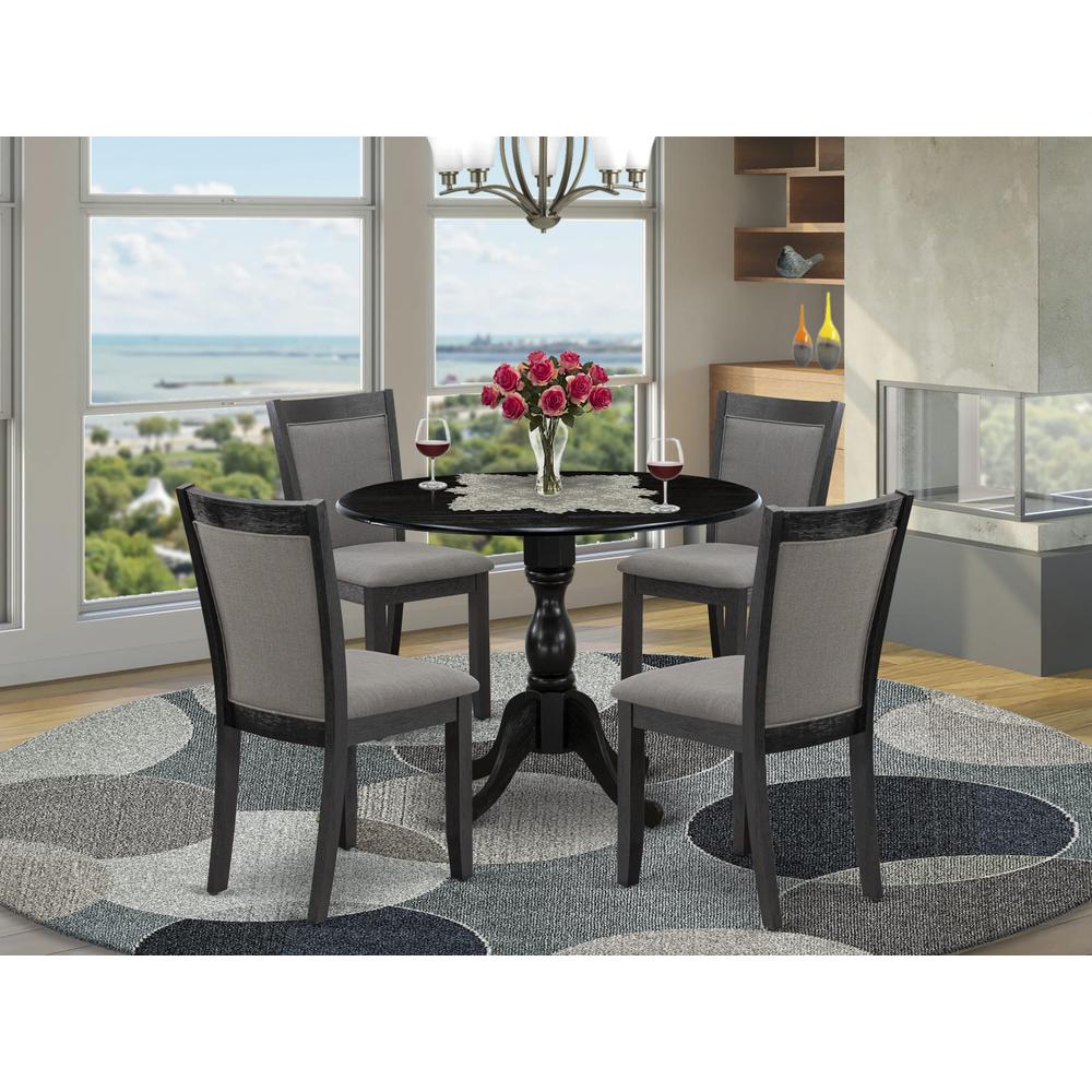 East West Furniture 5-Pc Kitchen Dining Set Consists of a Dinner Table with Drop Leaves and 4 Dark Gotham Grey Linen Fabric Upholstered Chairs - Wire Brushed Black Finish