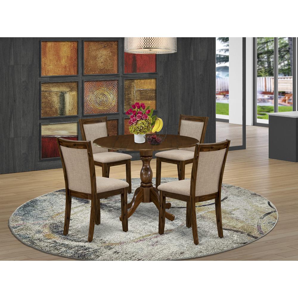 East West Furniture 5-Pc Kitchen Table Set Includes a Wood Dining Table with Drop Leaves and 4 Light Tan Linen Fabric Parson Chairs - Sand Blasting Antique Walnut Finish