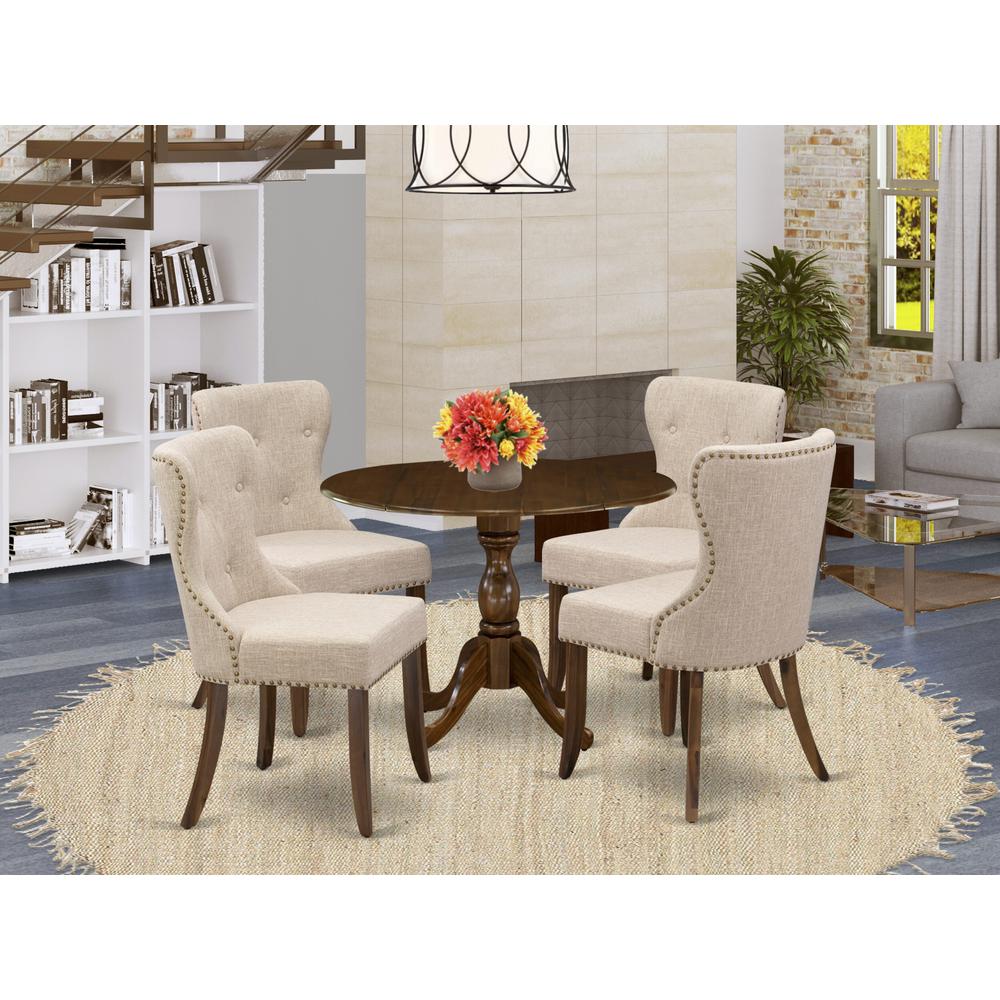 East West Furniture 5 Piece Dining Table Set Consists of 1 Drop Leaves Dining Table and 4 Light Tan Linen Fabric Kitchen Chairs Button Tufted Back with Nail Heads - Acacia Walnut Finish