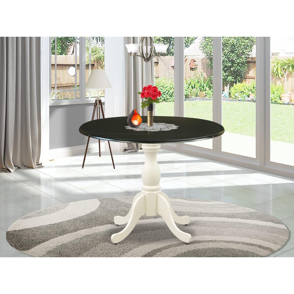 East West Furniture Dining Room Table with Drop Leaves - Black Table Top and Linen White Pedestal Leg Finish