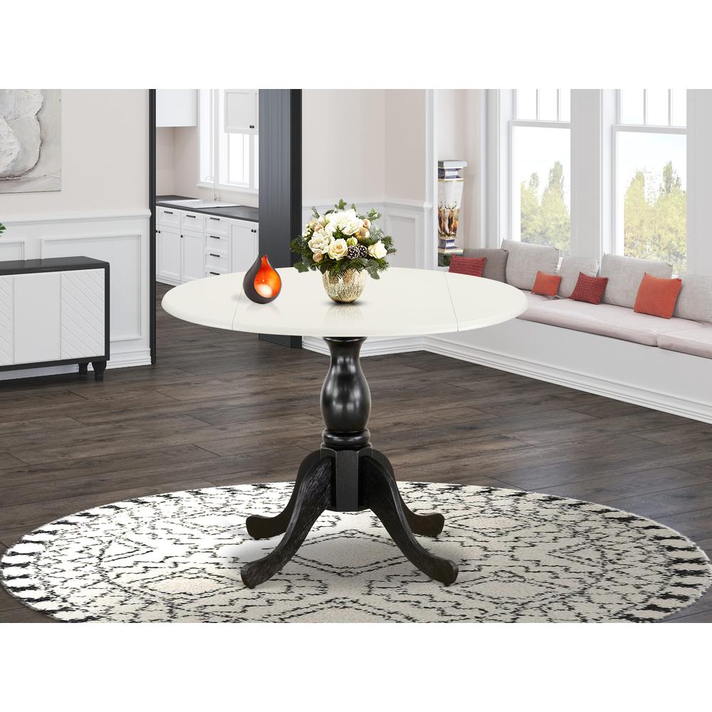 East West Furniture Round Kitchen Table with Drop Leaves - Linen White Table Top and Black Pedestal Leg Finish