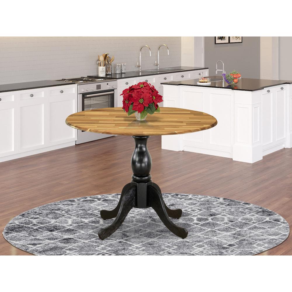 East West Furniture Round Dinning Table with Drop Leaves - Natural Table Top and Black Pedestal Leg Finish