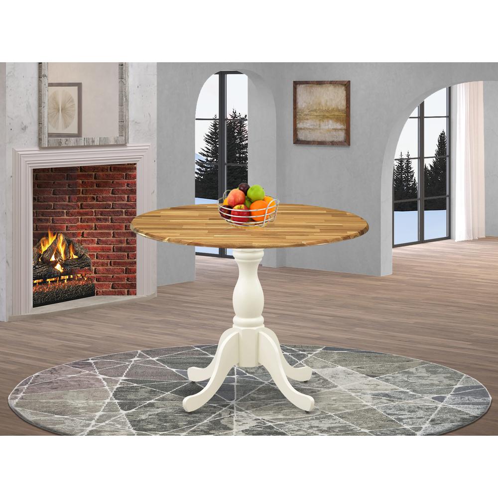 East West Furniture Dining Room Table with Drop Leaves - Natural Table Top and Linen White Pedestal Leg Finish