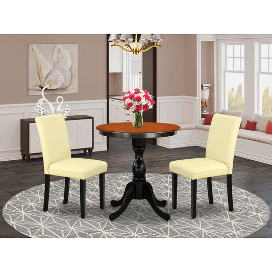 East West Furniture 3-Piece Dinner Table Set Consist of Wood Table and 2 Eggnog PU Leather Parson Chairs with High Back - Black Finish