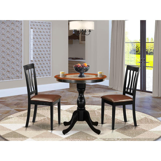 East West Furniture 3-Piece Dining Room Table Set Include a Dining Table and 2 Faux Leather Dining Chairs with Slatted Back - Black Finish