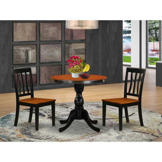 East West Furniture 3-Piece Kitchen Table Set Contains a Wooden Table and 2 Kitchen Chairs with Slatted Back - Black Finish