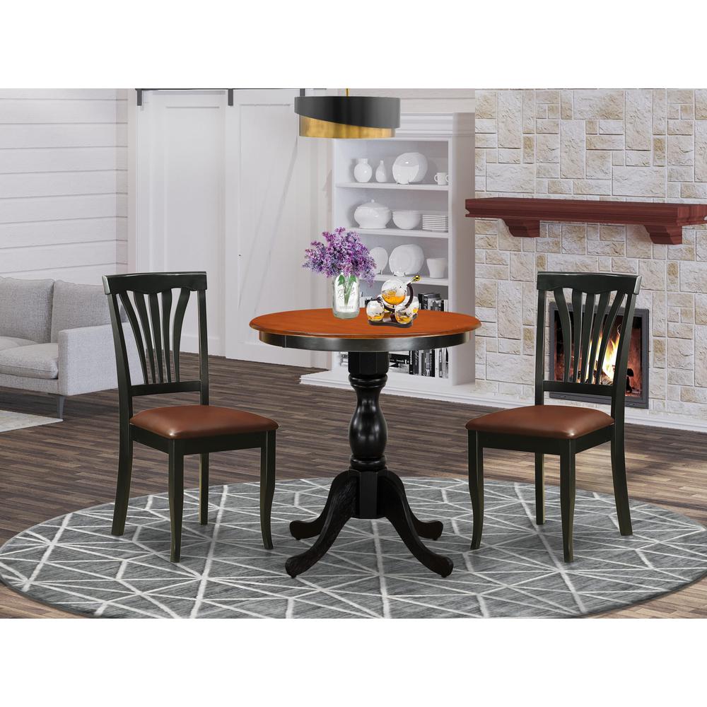 East West Furniture 3-Piece Dining Set Contains a Dinning Table and 2 Faux Leather Dining Chairs with Slatted Back- Black Finish