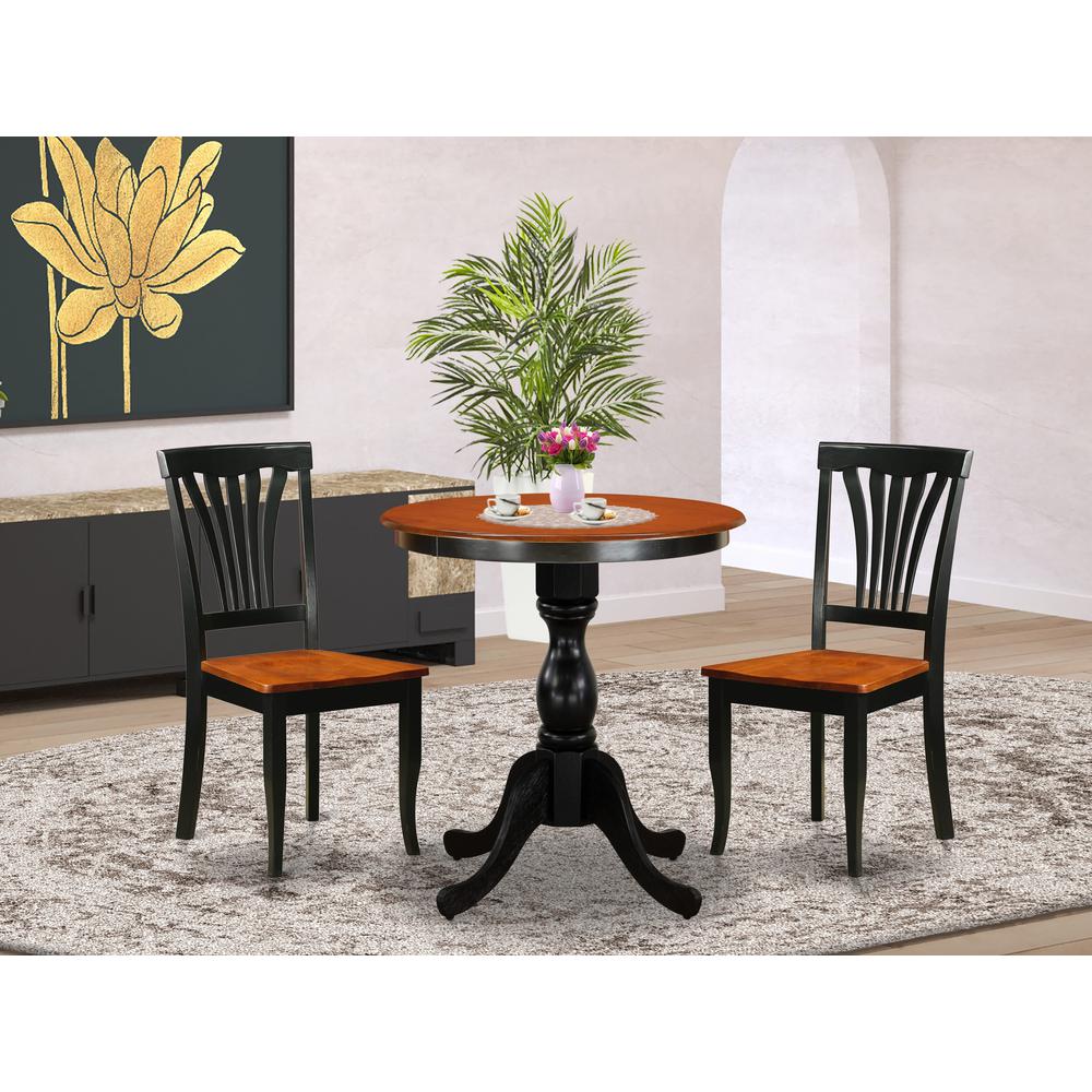 East West Furniture 3-Piece Dining Table Set Include a Modern Dining Table and 2 Dining Chairs with Slatted Back - Black Finish