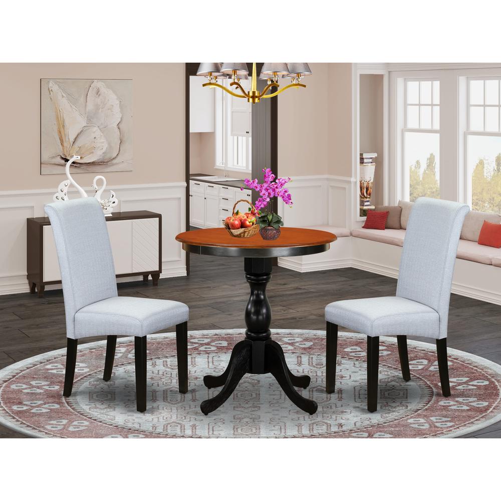 East West Furniture 3-Piece Dinner Table Set Include a Dining Table and 2 Grey Linen Fabric Padded Chairs with Stylish High Back - Black Finish