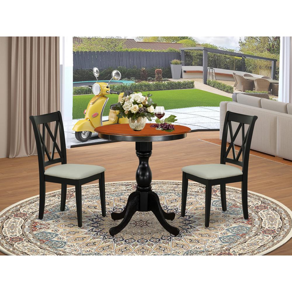 East West Furniture 3-Piece Dining Table Set Include a Dining Table and 2 Linen Fabric Dining Room Chairs with Double X Back - Black Finish