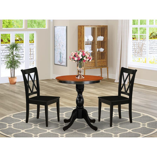 East West Furniture 3-Piece Dining Set Consist of Kitchen Table and 2 Dining Chairs with Double X Back - Black Finish