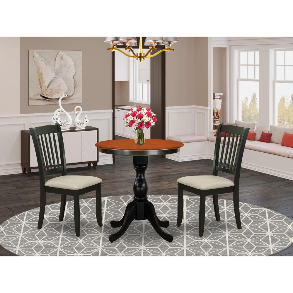 East West Furniture 3-Piece Dining Table Set Include a Wood Table and 2 Linen Fabric Kitchen Chairs with Ladder Back - Black Finish