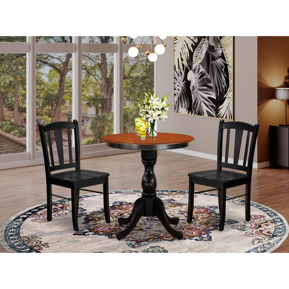 East West Furniture 3-Piece Mid Century Dining Set Consist of Round Table and 2 Wooden Chairs with Slatted Back - Black Finish