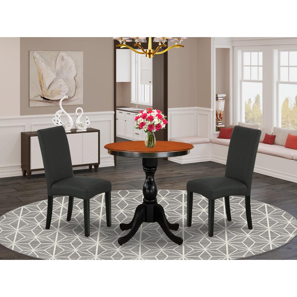 East West Furniture 3-Piece Dinner Table Set Consist of Wood Dining Table and 2 Black Linen Fabric Parson Chairs with High Back - Black Finish