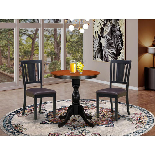 East West Furniture 3-Piece Kitchen Table Set Include a Dining Table and 2 Faux Leather Dinner Chairs with Slatted Back - Black Finish