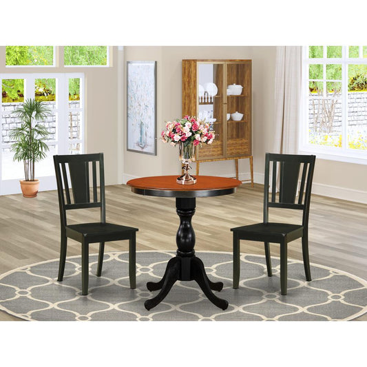 East West Furniture 3-Piece Mid Century Modern Dining Set Include a Wood Table and 2 Dining Chairs with Slatted Back - Black Finish