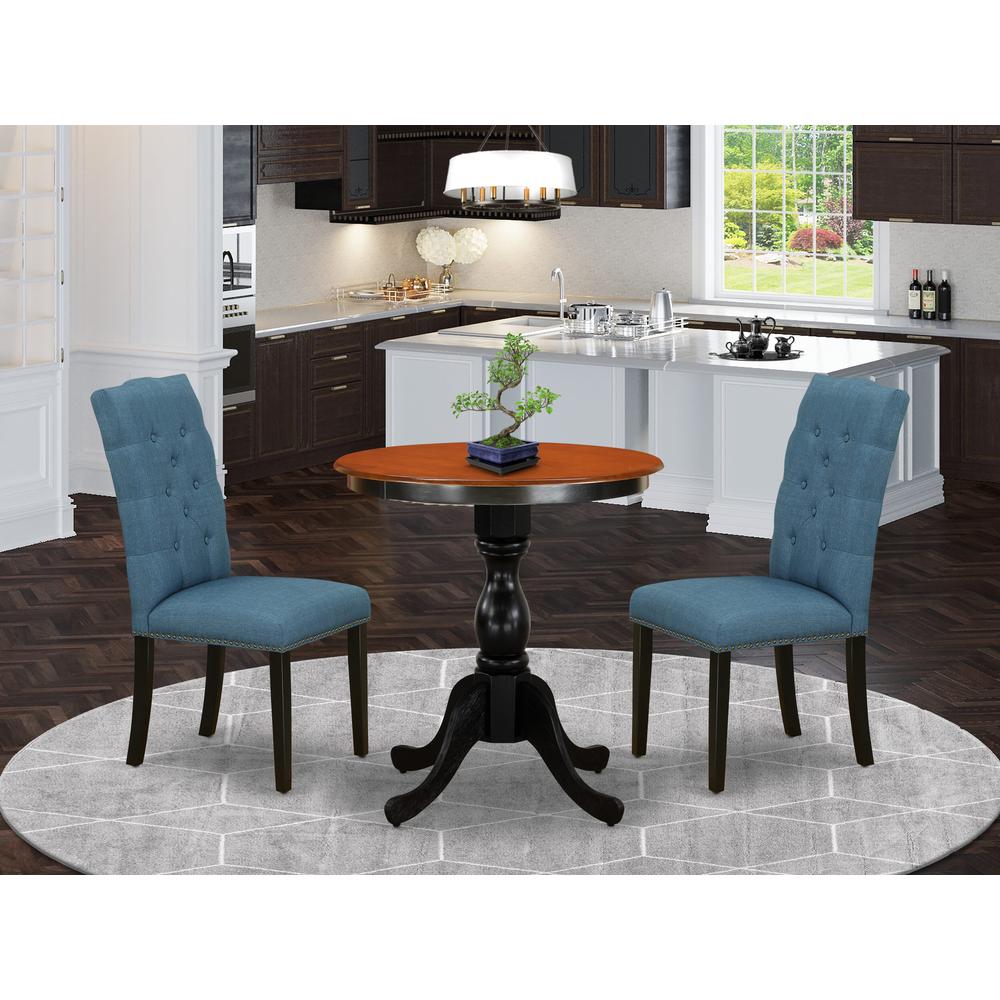 East West Furniture 3-Piece Dining Room Set Include a Round Table and 2 Blue Linen Fabric Parson Chairs with Button Tufted Back - Black Finish