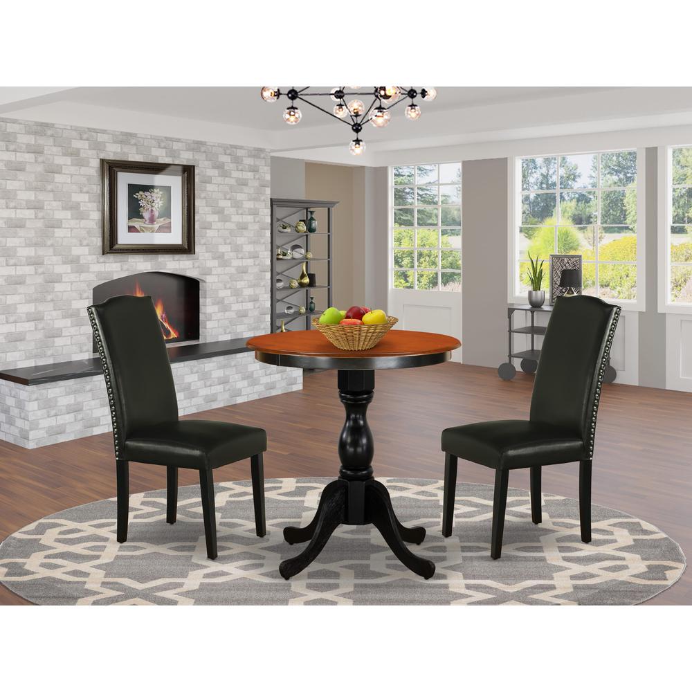 East West Furniture 3-Piece Modern Table Set Contains a Modern Kitchen Table and 2 Black PU Leather Upholstered Chairs with Stylish High Back - Black Finish