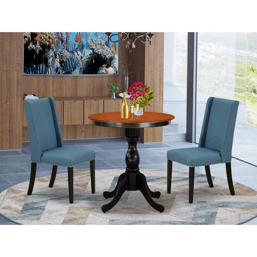 East West Furniture 3-Piece Dining Table Set Consist of Dining Room Table and 2 Blue Linen Fabric Padded Chairs with Stylish High Back - Black Finish